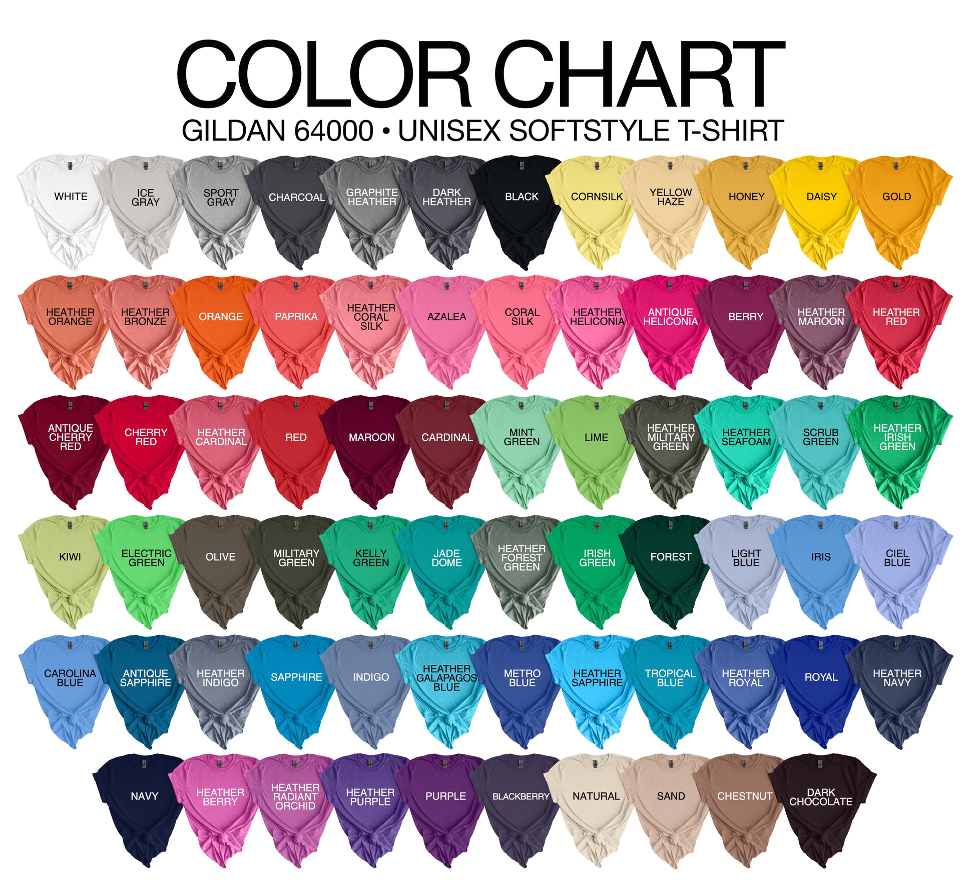 Color chart for Gildan 64000 unisex softstyle t-shirts with various color swatches.