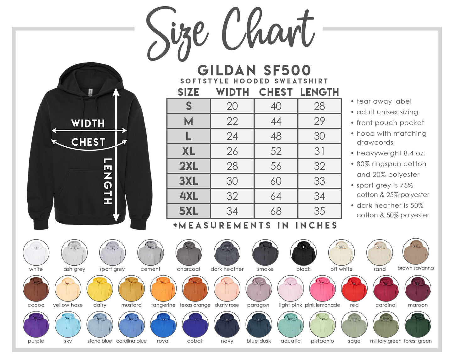 Size chart for Gildan SF500 hoodies with a black hoodie and color swatches on a white background.