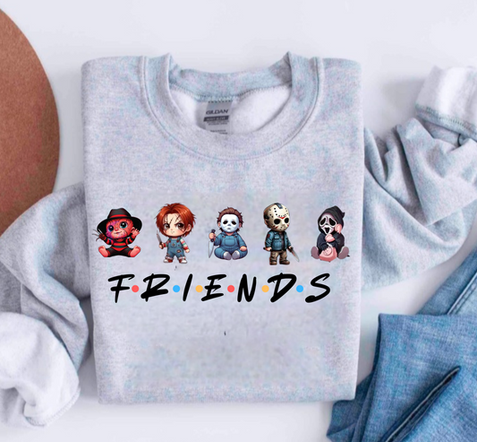 Grey Sweater featuring chibi characters of Freddy Kreuger, Chucky, Michael Myers, Jason Voorhees and Ghostface. 