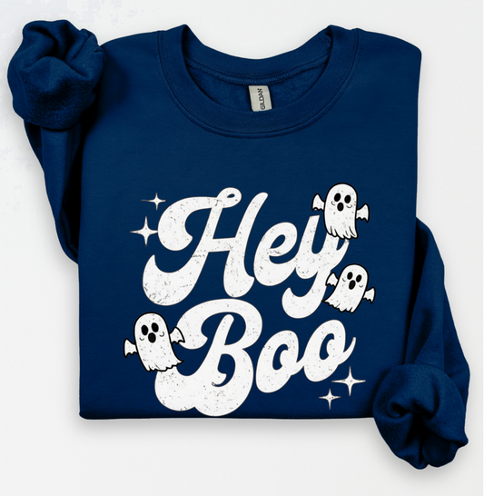 Vintage Hey Boo writing with 3 retro flying ghosts with stars